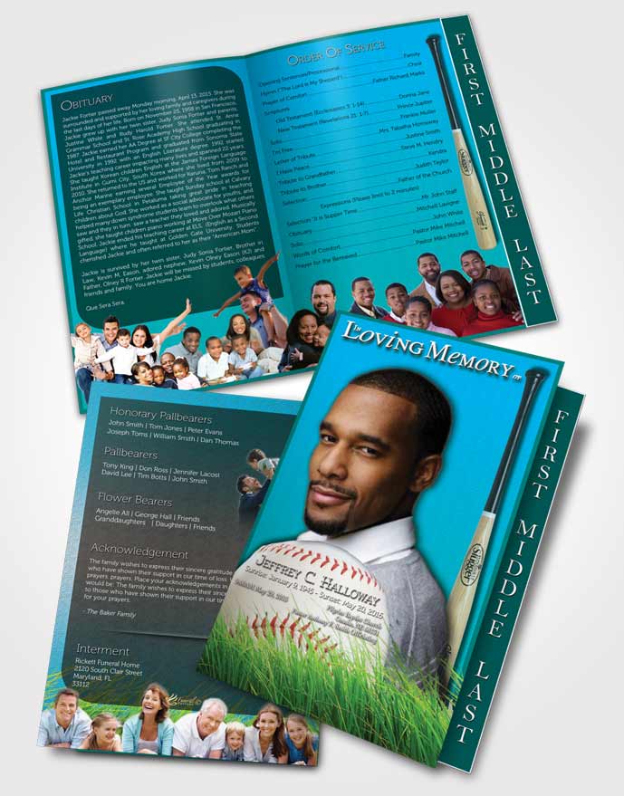 2 Page Graduated Step Fold Funeral Program Template Brochure Cyan Breeze Baseball Star Dark