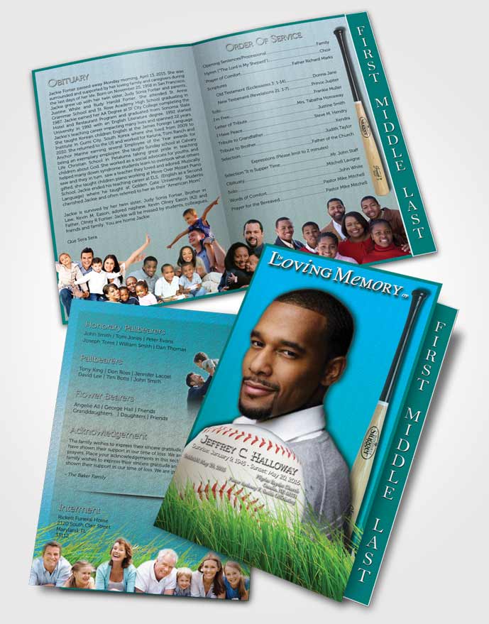 2 Page Graduated Step Fold Funeral Program Template Brochure Cyan Breeze Baseball Star Light