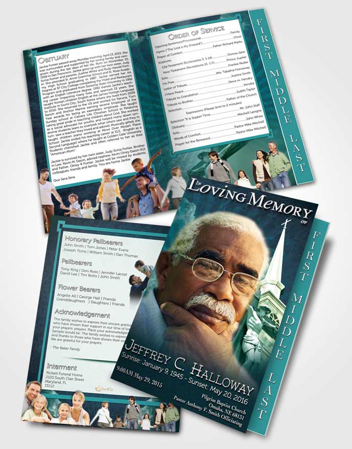 2 Page Graduated Step Fold Funeral Program Template Brochure Cyan Christian Faith