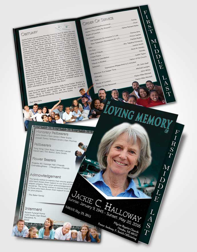 2 Page Graduated Step Fold Funeral Program Template Brochure Cyan EMT Savior