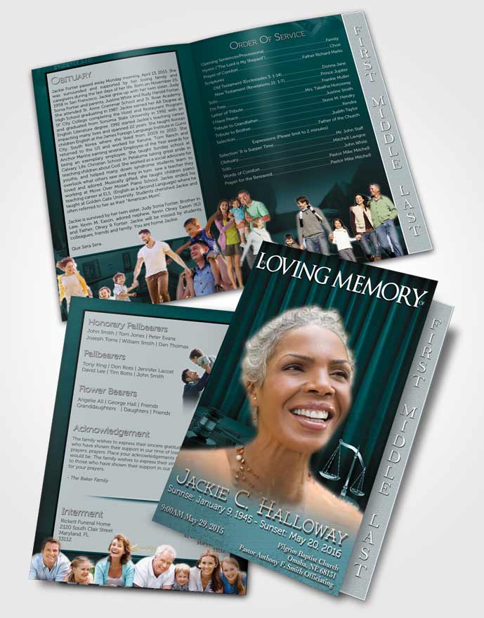 2 Page Graduated Step Fold Funeral Program Template Brochure Cyan Judge Justice