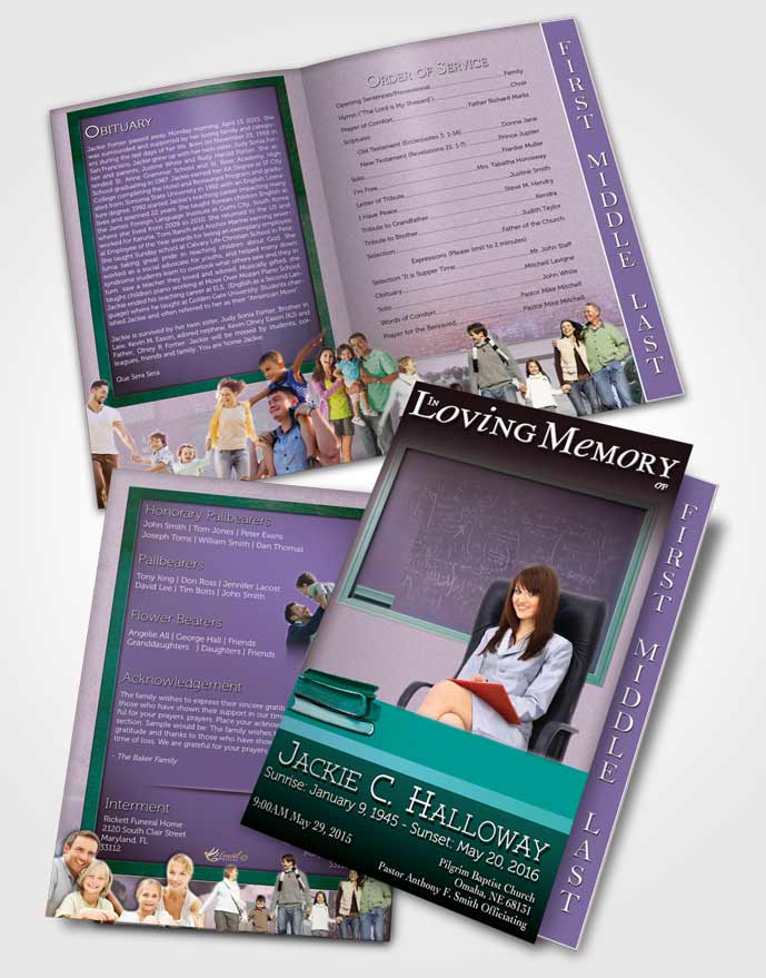 2 Page Graduated Step Fold Funeral Program Template Brochure Cyan Teacher Dark