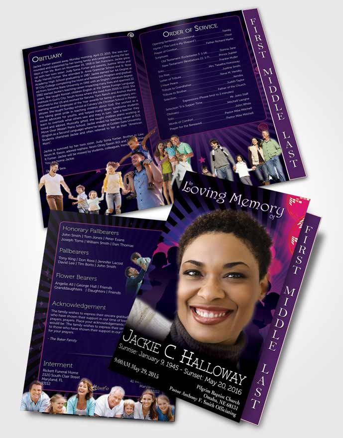 2 Page Graduated Step Fold Funeral Program Template Brochure Dark Amethyst Graceful Dancer Dark