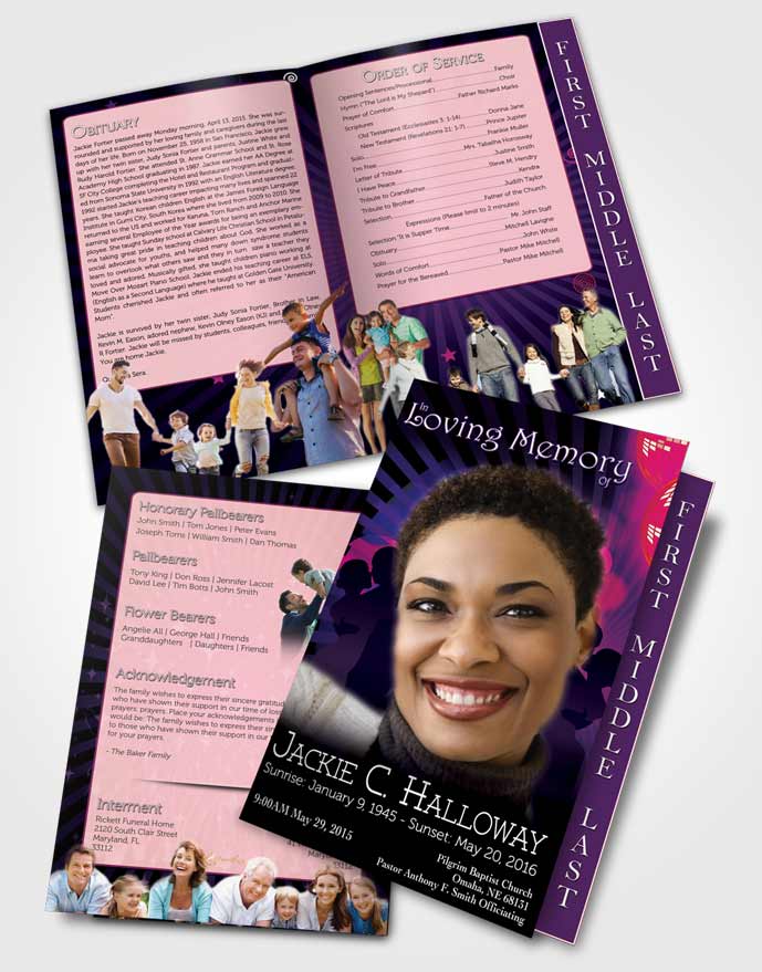 2 Page Graduated Step Fold Funeral Program Template Brochure Dark Amethyst Graceful Dancer Light