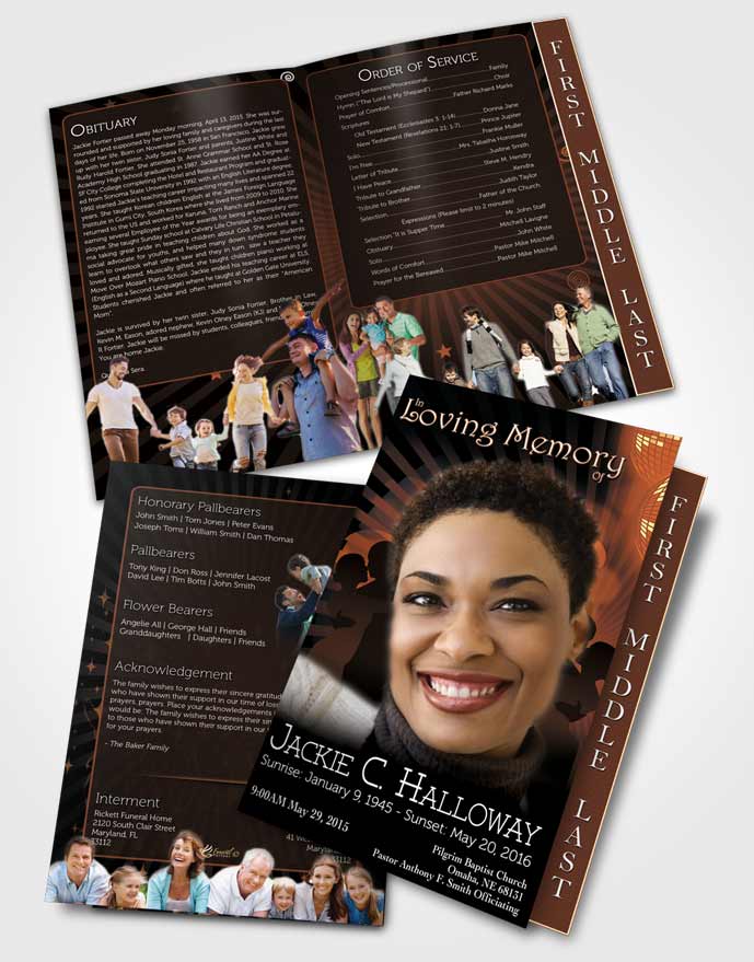 2 Page Graduated Step Fold Funeral Program Template Brochure Dark Peach Graceful Dancer Dark