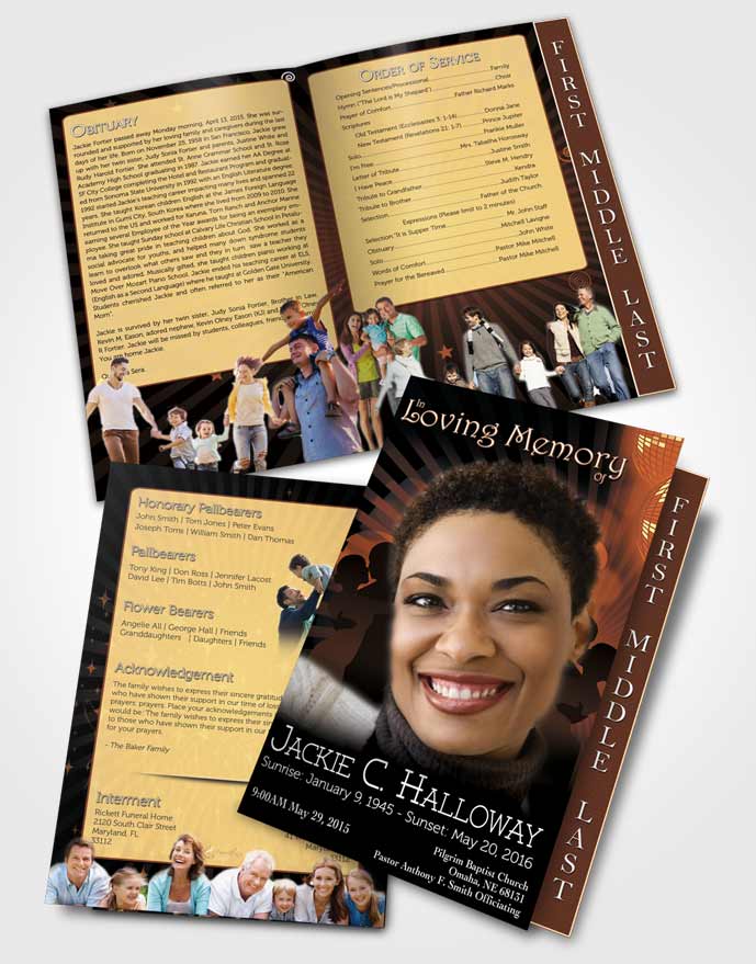 2 Page Graduated Step Fold Funeral Program Template Brochure Dark Peach Graceful Dancer Light