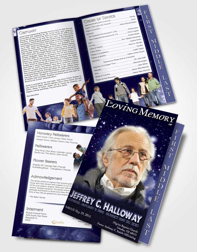2 Page Graduated Step Fold Funeral Program Template Brochure Deep Blue Astronomers Sky