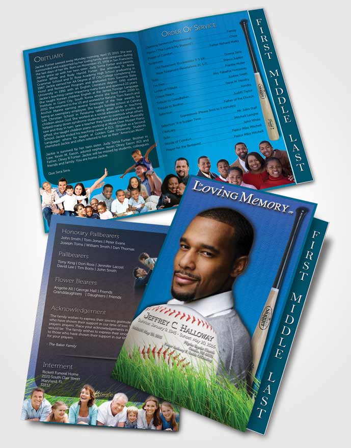 2 Page Graduated Step Fold Funeral Program Template Brochure Deep Blue Baseball Star Dark
