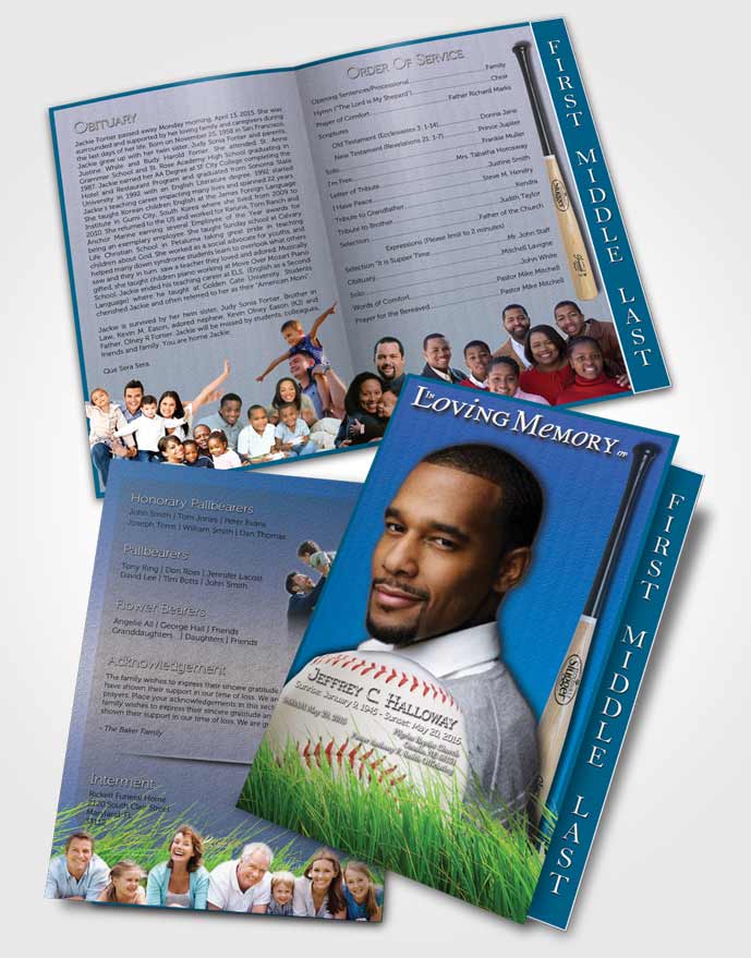 2 Page Graduated Step Fold Funeral Program Template Brochure Deep Blue Baseball Star Light