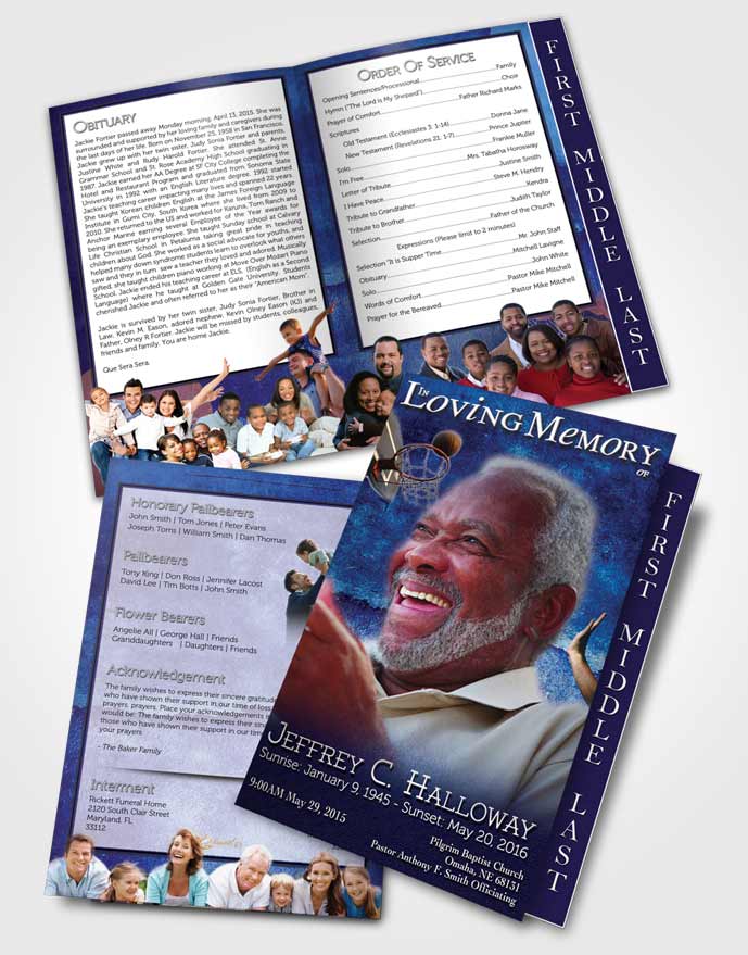 2 Page Graduated Step Fold Funeral Program Template Brochure Deep Blue Basketball Star