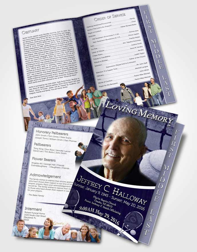 2 Page Graduated Step Fold Funeral Program Template Brochure Deep Blue Tennis Star