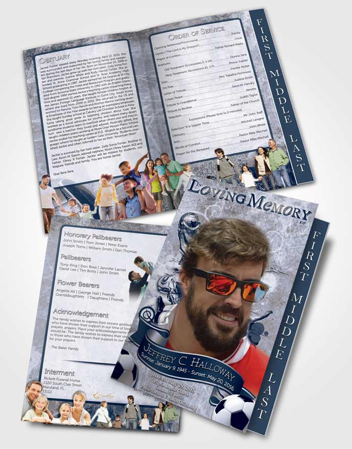 2 Page Graduated Step Fold Funeral Program Template Brochure Deep Deep Blue Ocean Soccer Superstar