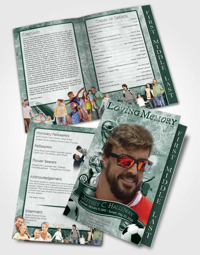 2 Page Graduated Step Fold Funeral Program Template Brochure Deep Emerald Sky Soccer Superstar