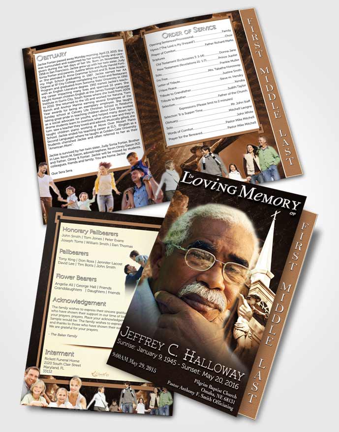 2 Page Graduated Step Fold Funeral Program Template Brochure Deep Gold Christian Faith