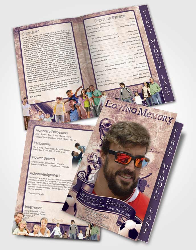2 Page Graduated Step Fold Funeral Program Template Brochure Deep Lavender Bliss Soccer Superstar