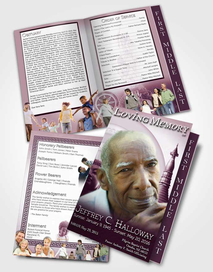 2 Page Graduated Step Fold Funeral Program Template Brochure Deep Lavender Buddhist Faith