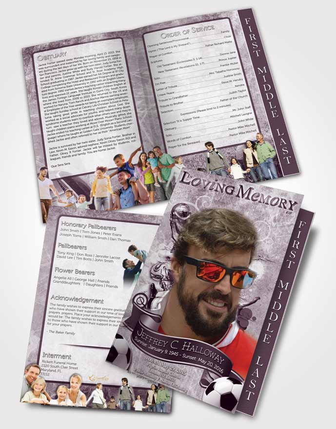 2 Page Graduated Step Fold Funeral Program Template Brochure Deep Lavender Lover Soccer Superstar