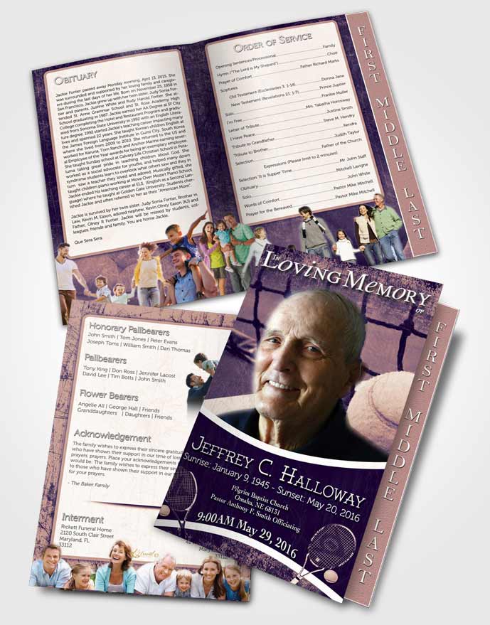 2 Page Graduated Step Fold Funeral Program Template Brochure Deep Lavender Tennis Star