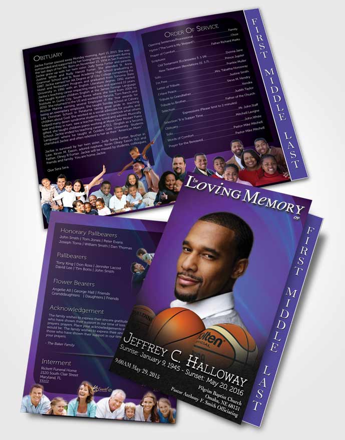 2 Page Graduated Step Fold Funeral Program Template Brochure Deep Ocean Basketball Lover Dark