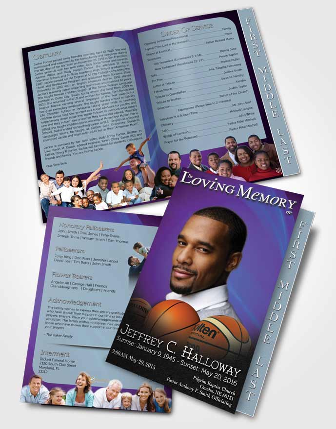 2 Page Graduated Step Fold Funeral Program Template Brochure Deep Ocean Basketball Lover Light