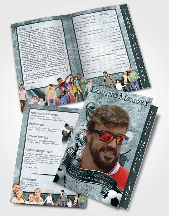 2 Page Graduated Step Fold Funeral Program Template Brochure Deep Ocean Pearl Soccer Superstar
