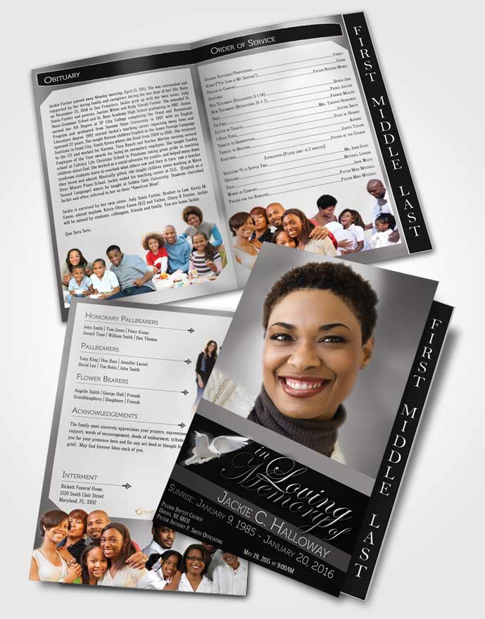 2 Page Graduated Step Fold Funeral Program Template Brochure Divine Essence Black and White