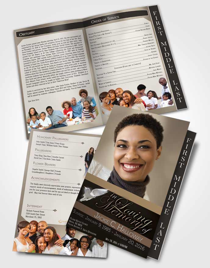 2 Page Graduated Step Fold Funeral Program Template Brochure Divine Essence Golden Desire