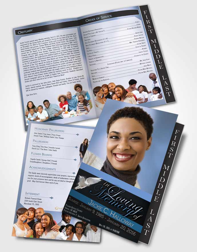 2 Page Graduated Step Fold Funeral Program Template Brochure Divine Essence Ocean Mist