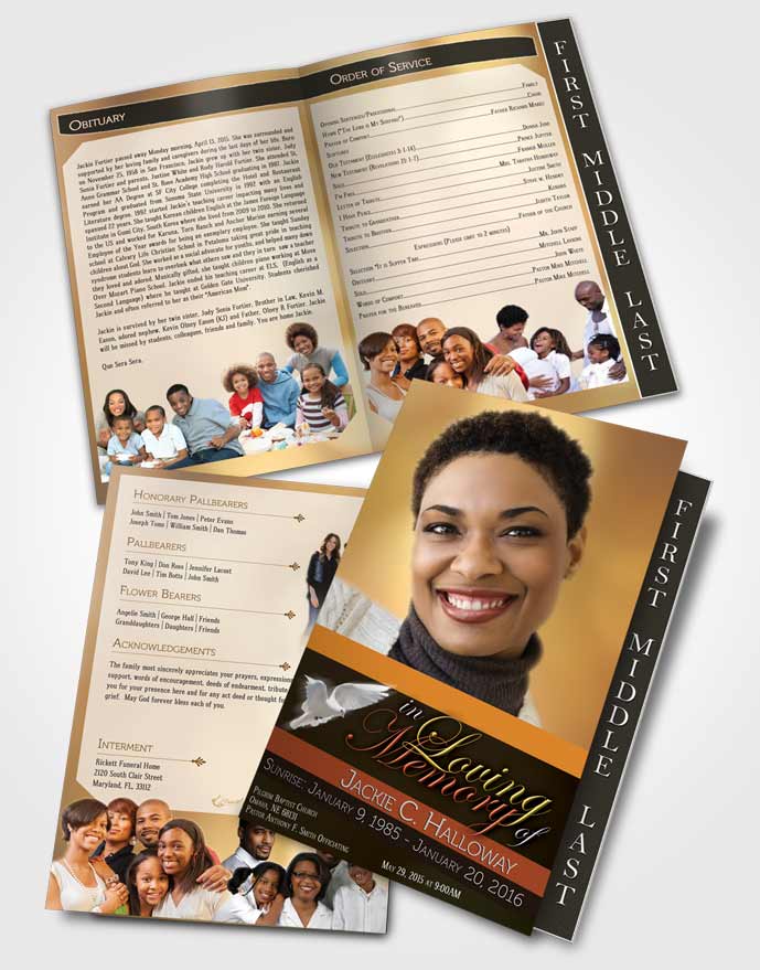 2 Page Graduated Step Fold Funeral Program Template Brochure Divine Essence Peach Blossoms