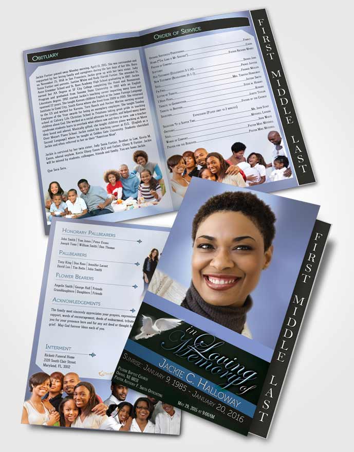 2 Page Graduated Step Fold Funeral Program Template Brochure Divine Essence Soft Blue Heritage