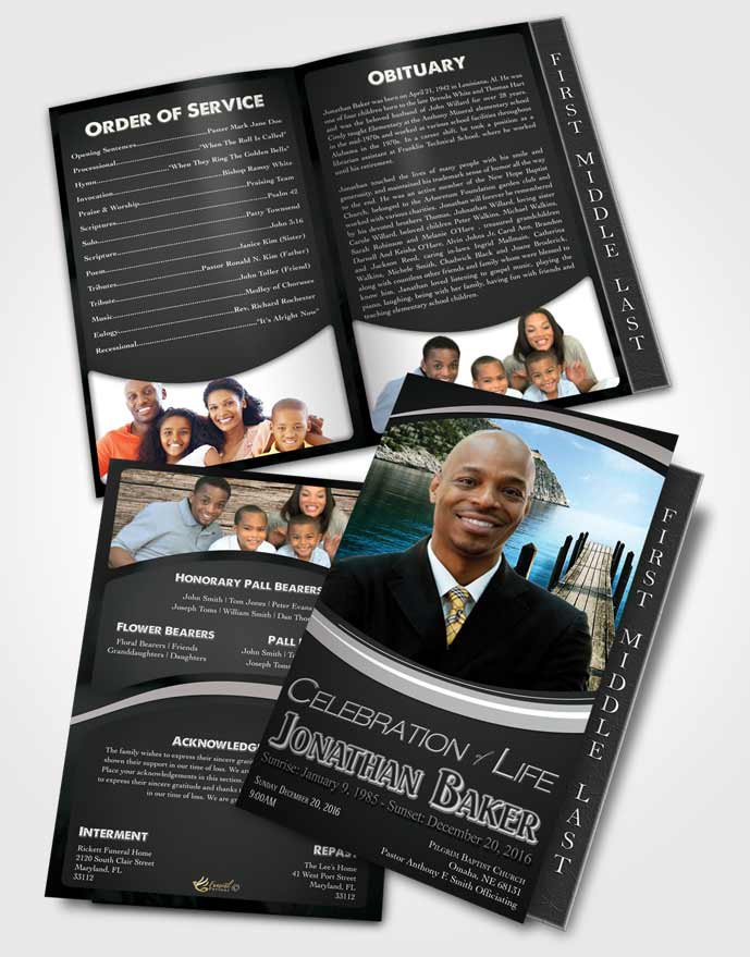 2 Page Graduated Step Fold Funeral Program Template Brochure Elegant Black and White Journey