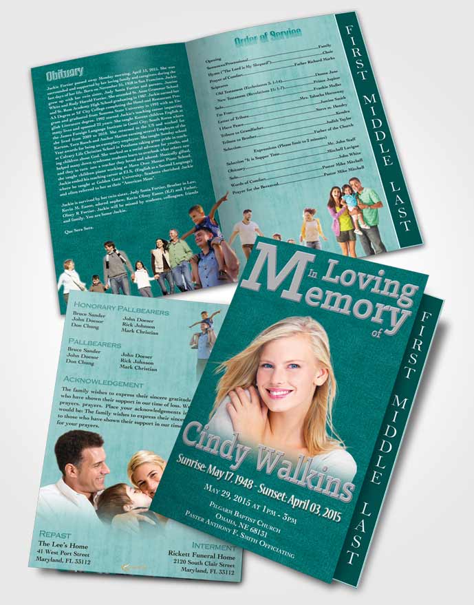2 Page Graduated Step Fold Funeral Program Template Brochure Elegant Love Brilliant Aquamarine