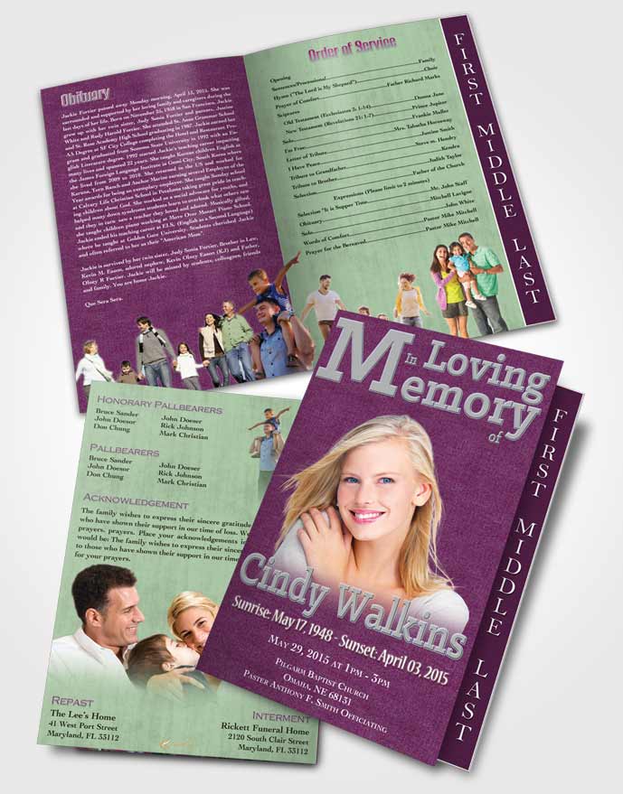 2 Page Graduated Step Fold Funeral Program Template Brochure Elegant Love Enchanted Amethyst