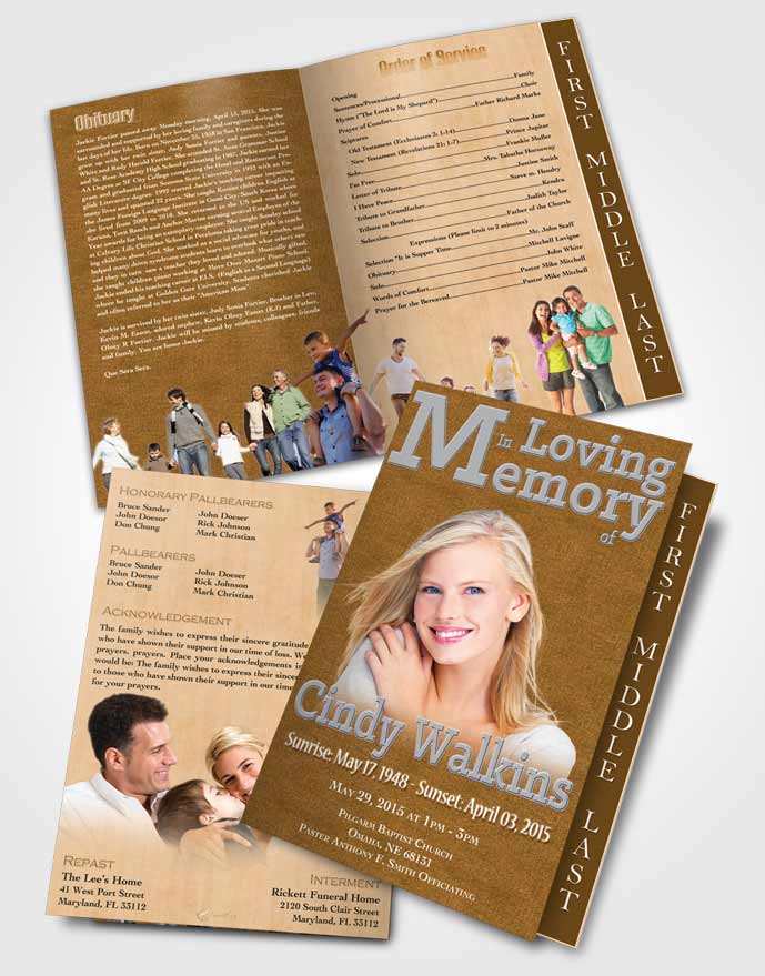 2 Page Graduated Step Fold Funeral Program Template Brochure Elegant Love Golden Tigers Eye