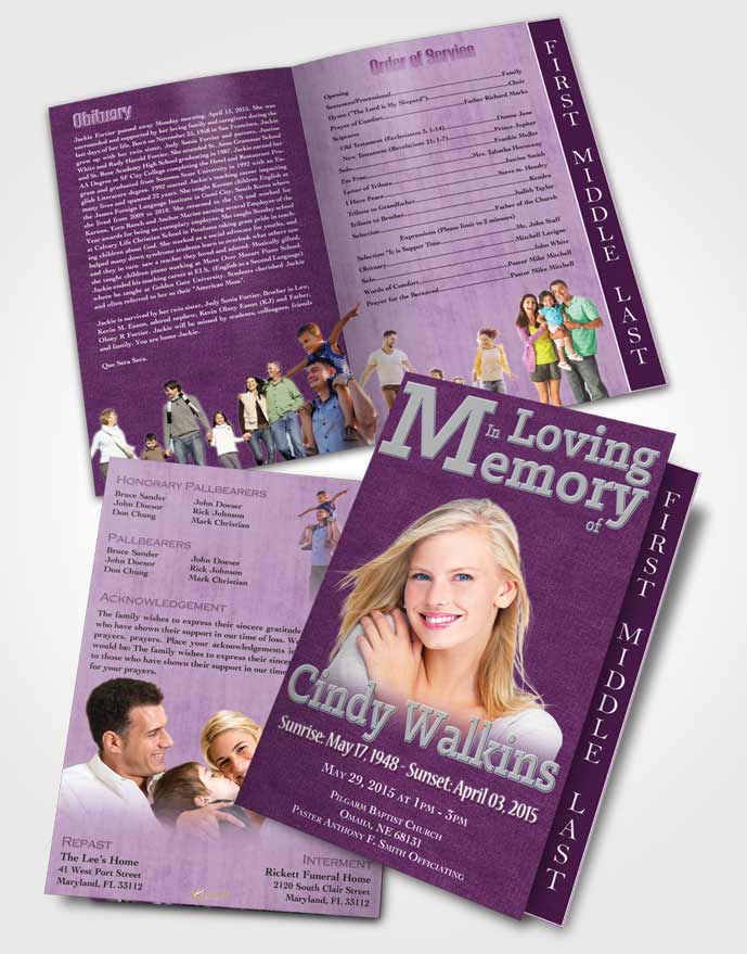 2 Page Graduated Step Fold Funeral Program Template Brochure Elegant Love Sparkling Amethyst