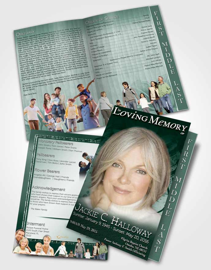 2 Page Graduated Step Fold Funeral Program Template Brochure Emerald Artistic Bouquet