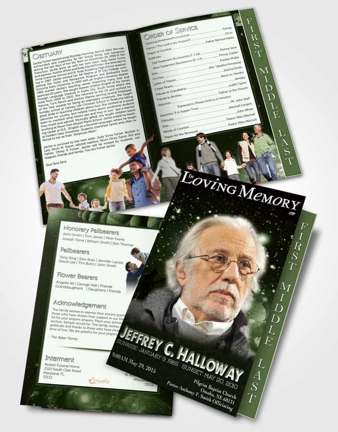 2 Page Graduated Step Fold Funeral Program Template Brochure Emerald Astronomers Sky