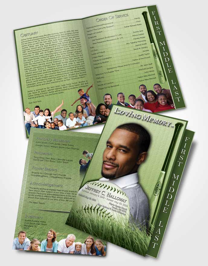2 Page Graduated Step Fold Funeral Program Template Brochure Emerald Baseball Star Light
