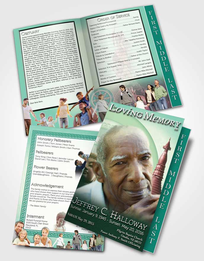 2 Page Graduated Step Fold Funeral Program Template Brochure Emerald Buddhist Faith
