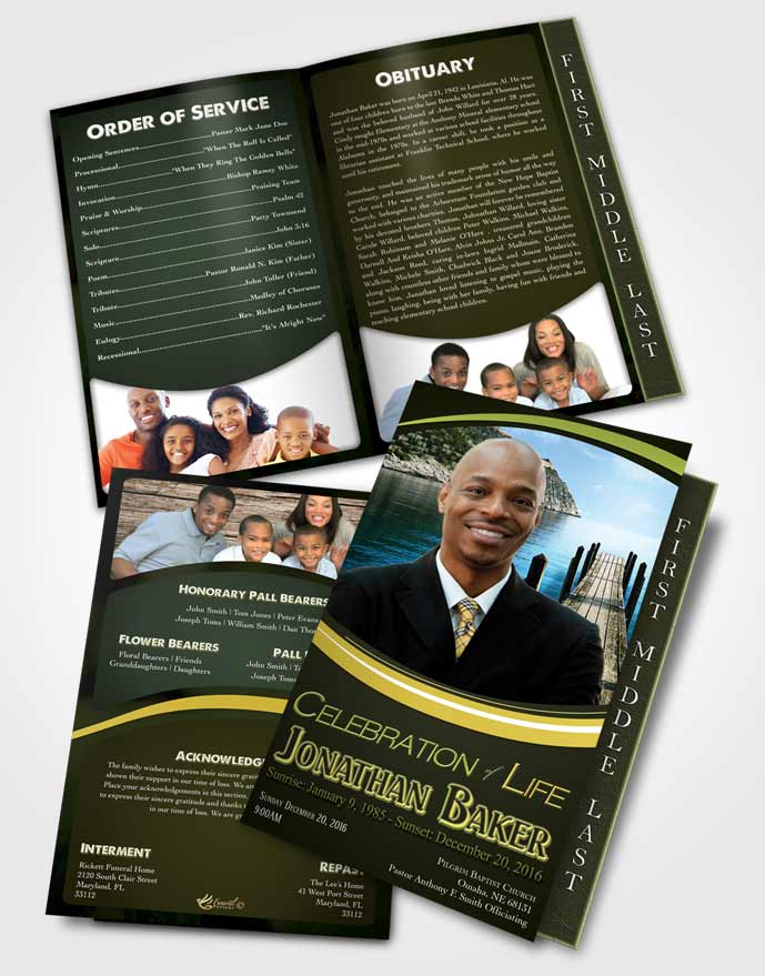 2 Page Graduated Step Fold Funeral Program Template Brochure Emerald Clouds Journey