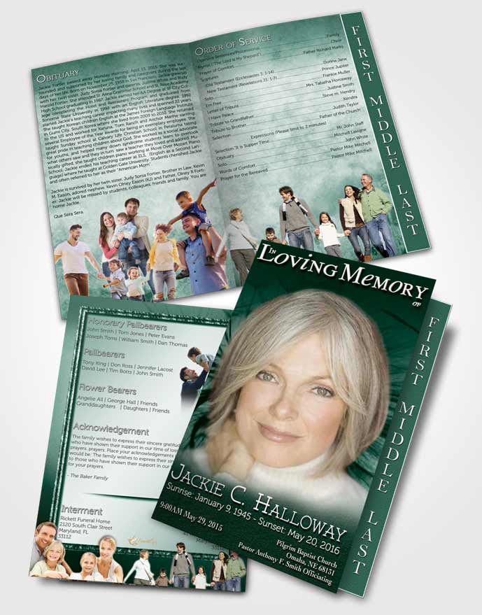 2 Page Graduated Step Fold Funeral Program Template Brochure Emerald Dandelion Heaven