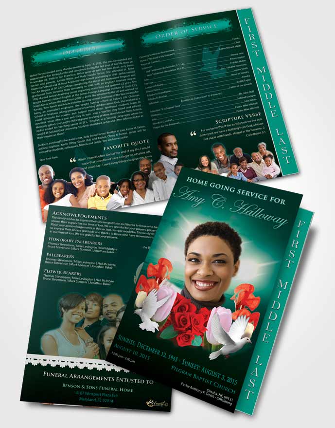 2 Page Graduated Step Fold Funeral Program Template Brochure Emerald Delightful Doves