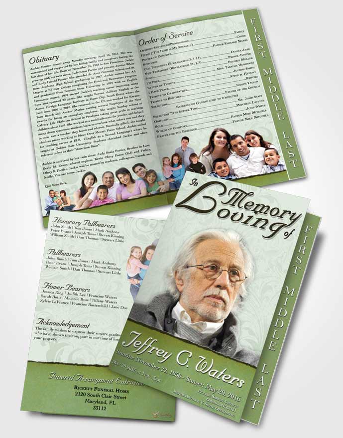2 Page Graduated Step Fold Funeral Program Template Brochure Emerald Destiny