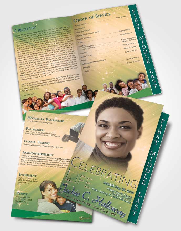 2 Page Graduated Step Fold Funeral Program Template Brochure Emerald Forest Serenity