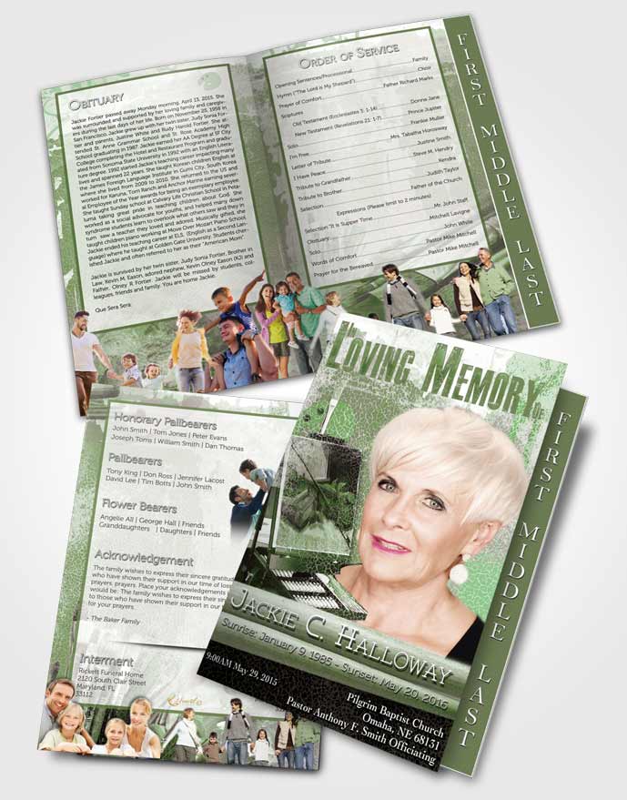 2 Page Graduated Step Fold Funeral Program Template Brochure Emerald Glow Painters Paradise