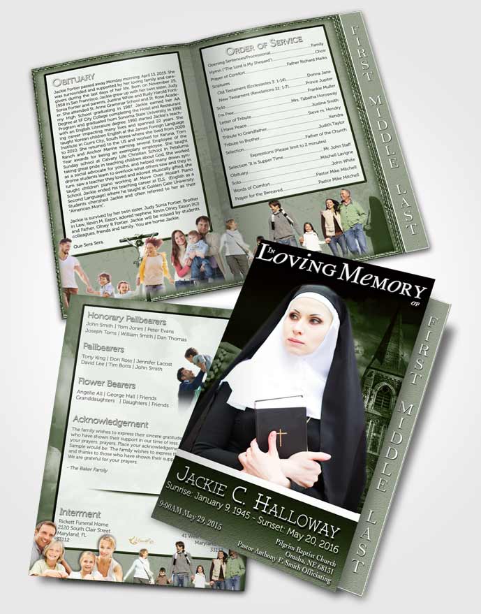 2 Page Graduated Step Fold Funeral Program Template Brochure Emerald Heavenly Nun
