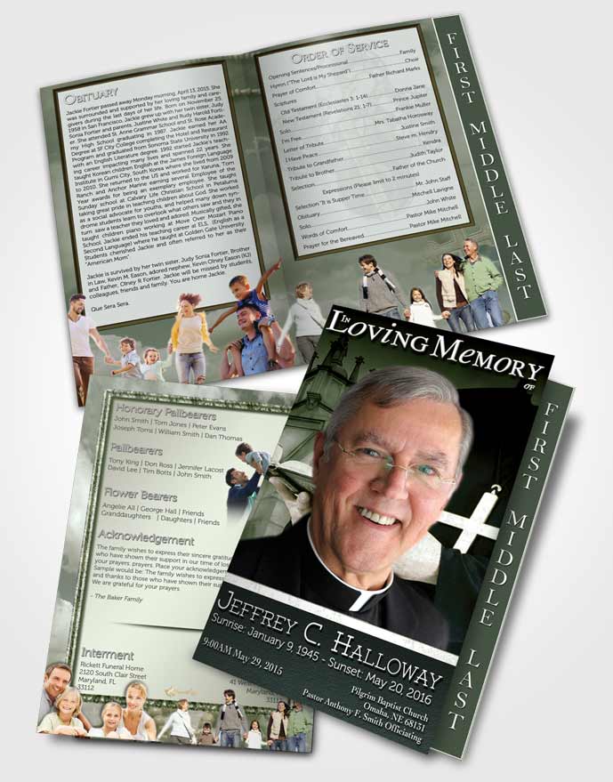 2 Page Graduated Step Fold Funeral Program Template Brochure Emerald Heavenly Priest