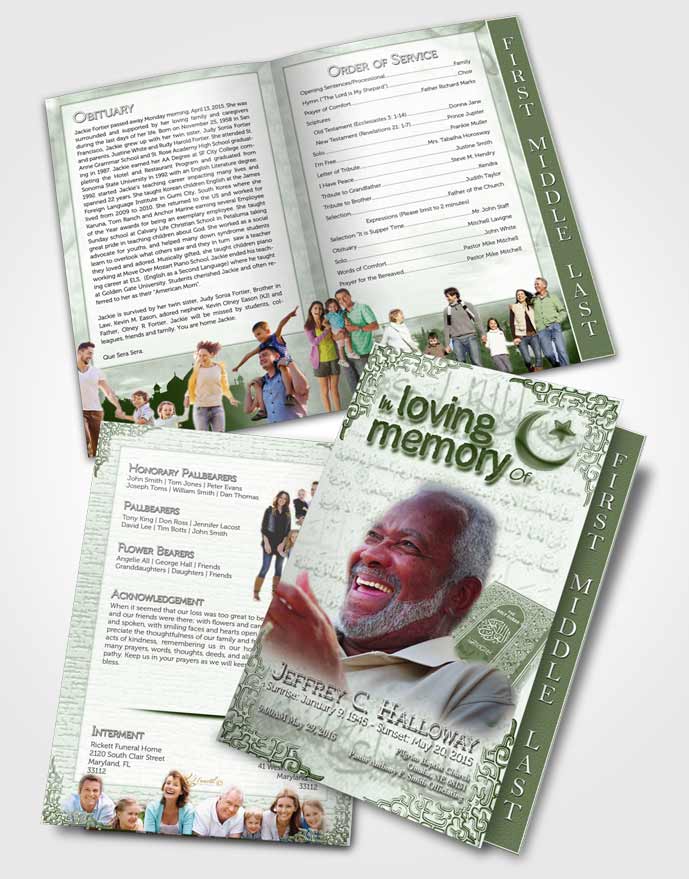 2 Page Graduated Step Fold Funeral Program Template Brochure Emerald Islamic Blissful Faith