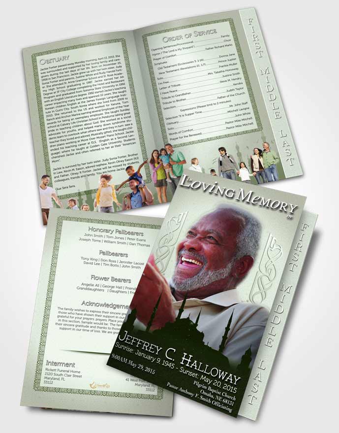 2 Page Graduated Step Fold Funeral Program Template Brochure Emerald Islamic Serenity