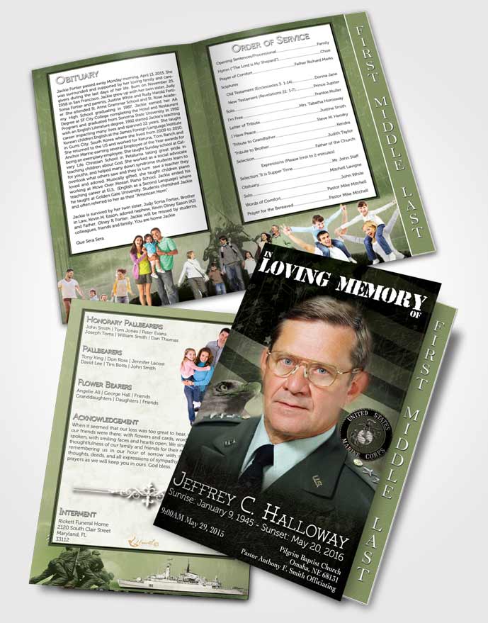 2 Page Graduated Step Fold Funeral Program Template Brochure Emerald Marine Salute